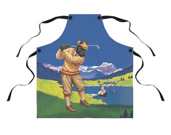Fartuch Crans Switzerland, plakat z motywem golfa alpejskiego w stylu vintage, fartuch szefa kuchni w stylu szkockiego teriera, wystrój kuchni w Alpach Szwajcarskich