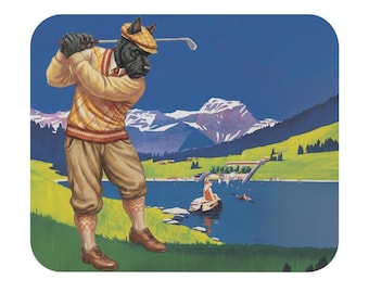 Podkładka na stół Crans Switzerland Mini, plakat z motywem golfa w stylu alpejskim, dekoracja z motywem psa Scottie, szwajcarska sztuka podróżnicza, prezent dla miłośnika golfa