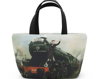 Torba na lunch Flying Scotsman | Sztuka parowozu w stylu vintage | Prezent w postaci szkockiego teriera