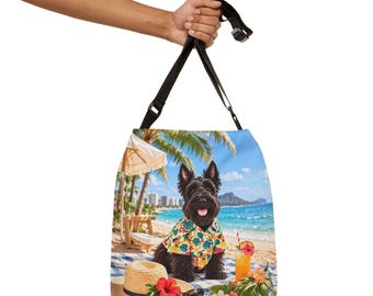 Torba typu crossbody z hawajskim szkockim terierem, regulowany pasek, tropikalny pies na plaży, prezent dla miłośnika psów z Hawajów
