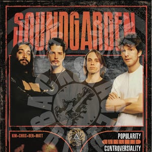 May include: A vintage-style poster featuring a band called Soundgarden. The poster has a black background with red and white text. The band members are pictured in black and white, and the poster includes a rating system for popularity, controversiality, and versatility. The ratings are 7.0, 3.4, and 7.7, respectively.