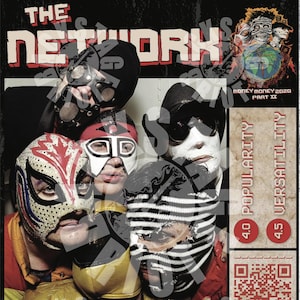 May include: A black and white poster with the title "The Network" in red and white letters. The poster features a group of five people wearing masks. The masks are all different and some have a striped pattern. The poster also includes a QR code and the text "Money Money 2020 Part II".