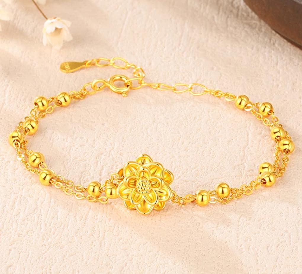 24k Genuine Yellow Gold Lotus flower charm pendant chain Bracelet Perfect gift 402