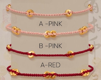 24k Genuine 999 Yellow Gold Chinese Money charm Bring Wealth Be Rich Red rope adjustable Bracelet Perfect gift 221