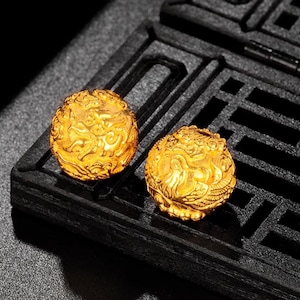 24K Real Gold 999 Gold Hand Made Lucky bead dragon and phoenix couple lover engraving round spacer Charm D.I.Y Accessories 311