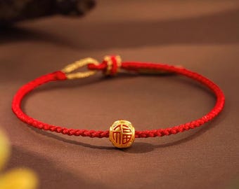 24k Genuine Yellow Gold good luck Chinese Font Fu blessing Pendant Charm red rope adjustable Bracelet 303
