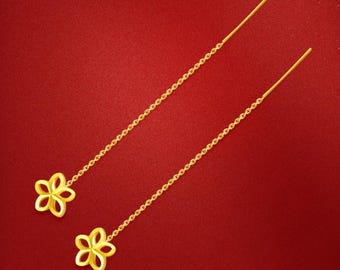 Aretes con dije de flor y cadena de oro amarillo 999 genuino de 24 k 306