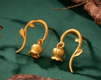 Pendientes elegantes con forma de flor de lirio en oro auténtico de 24 quilates (999) 311