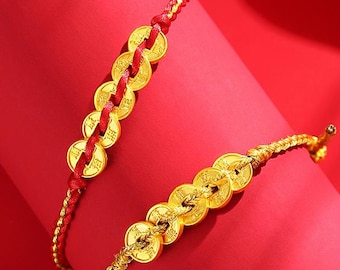 24k Genuine Yellow Gold 999 Real Gold Asian Money Charm Bring Wealth braided rope adjustable bracelet Great Gift 211