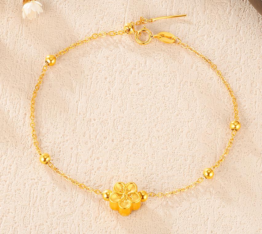 24k Genuine Yellow Gold cherry blossom flower charm pendant chain Bracelet Perfect gift 402
