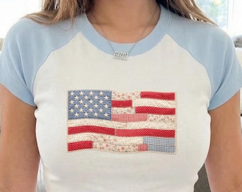 Bella Canvas Raglan Baby Tee Faux Patchwork American Flag Shirt, Vintage Faux Quilted USA Graphic Tee, 250th Years Patriotic Fourth Of July