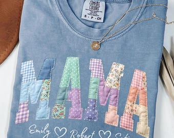 Comfort Colors® FAUX Patchwork Floral Mama Shirt,Faux Embroidered Mom Shirt,Varsity Mom Tee,Patchwork Mama Shirt,Cottagecore Floral Mom Gift