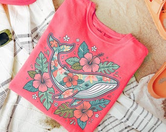 Comfort Colors® Summer Beach Shirt, Tropical Whale Shirt, Summer Sea Animal Lover Tee, Ocean Sunset Shirt, Coastal Aesthetic Shirt