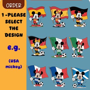 May include: A digital graphic featuring nine cartoon mouse characters, each holding a national flag and standing next to a soccer ball. The characters wear sports jerseys with country names. Text includes HOW TO ORDER, DESIGNS, and e.g. (USA mickey).
