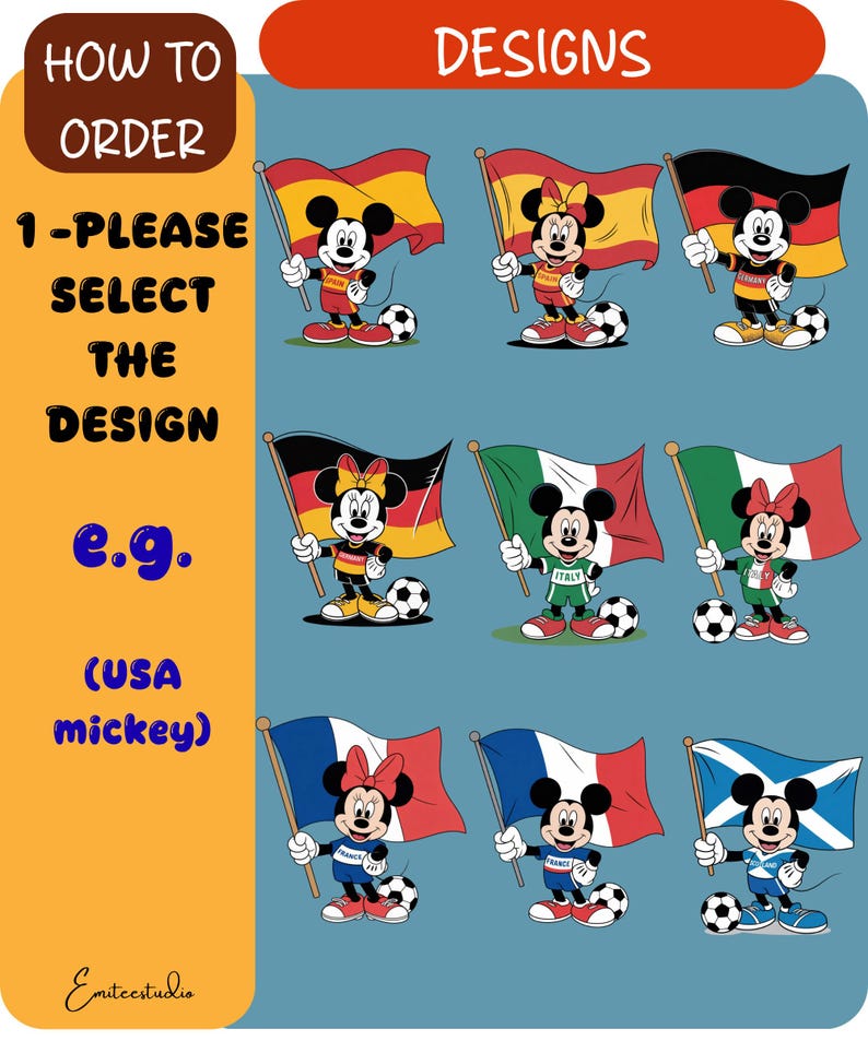 May include: A digital graphic featuring nine cartoon mouse characters, each holding a national flag and standing next to a soccer ball. The characters wear sports jerseys with country names. Text includes HOW TO ORDER, DESIGNS, and e.g. (USA mickey).