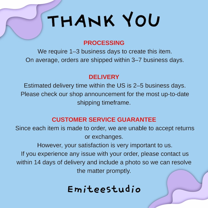 May include: A light blue graphic with the words "THANK YOU" in large black letters. Below, text details processing, delivery, and customer service information. The shop name "Emiteestudio" is at the bottom.