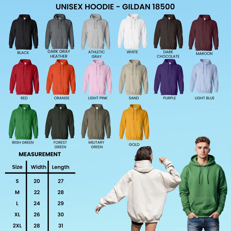 May include: A display of Gildan 18500 unisex hoodies in various colors, including black, gray, white, red, orange, pink, and green. The image also shows a measurement chart with sizes ranging from S to 2XL, with widths from 20 to 28 inches and lengths from 27 to 31 inches.