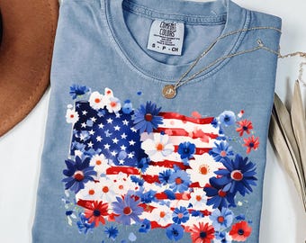 Shirt met comfortkleuren bloemen en Amerikaanse vlag: patriottisch T-shirt van 4 juli