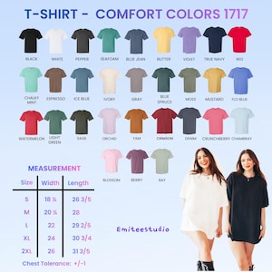 May include: Image of a range of t-shirts in colours like black, white, and red. A size chart with measurements in inches is also shown. The text "Emiteestudio" is visible in the image.