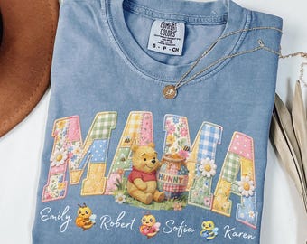 Comfort Colors® Faux Patchwork Floral Mama Bear With Kids Names Shirt,Faux Embroidered Mom Shirt,Varsity Mom Tee,Patchwork Mama Tee