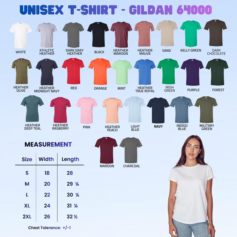 May include: A Gildan 64000 unisex t-shirt color chart displaying twenty-eight different shirt colors with labels including white, black, red, and navy. A measurement table lists sizes S through 2XL with width and length in inches.