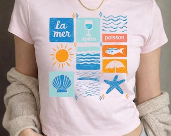 Baby Tee Seashell Shirt, Crop Top Beach Tee, Y2K Summer Graphic Tee, Ocean Lover, Sea Shell Tee, Summer Vacation TShirt,  Womens Beach Shirt