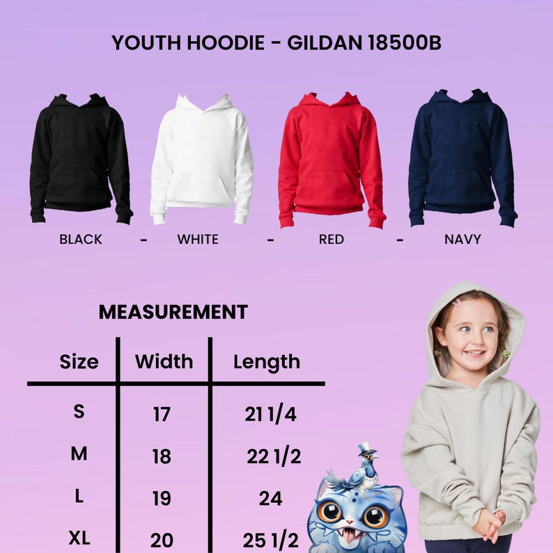 Op de afbeelding: Jeugdhoodies in zwart, wit, rood en marineblauw. De afbeelding toont het Gildan 18500B model. Er worden maten gegeven voor de maten S, M, L en XL, met breedtes vari&euml;rend van 43 tot 51 cm en lengtes van 54 tot 65 cm.