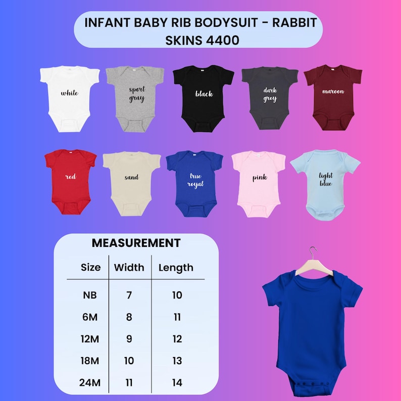 May include: A collection of ten infant rib bodysuits in various colors including white, sport gray, black, dark gray, maroon, red, sand, true royal, pink, and light blue, with a measurement chart showing sizes from NB to 24M in inches.
