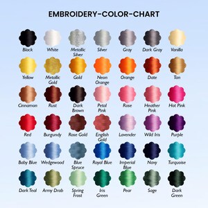 May include: An embroidery color chart with a variety of thread colors, including black, white, metallic silver, and various shades of blue, green, and pink. The text "EMBROIDERY-COLOR-CHART" is at the top.