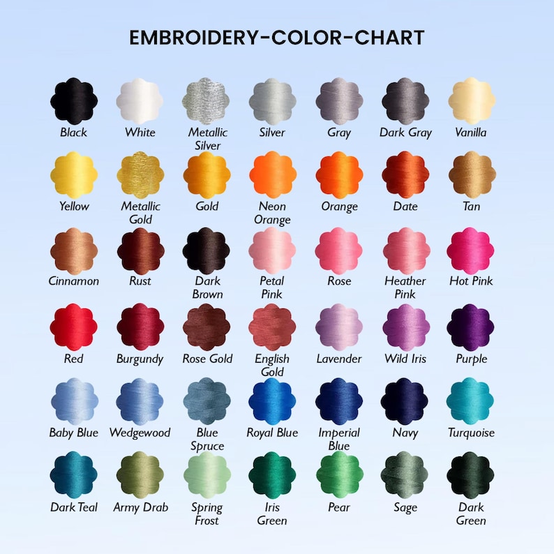 May include: An embroidery color chart with a variety of thread colors, including black, white, metallic silver, and various shades of blue, green, and pink. The text "EMBROIDERY-COLOR-CHART" is at the top.