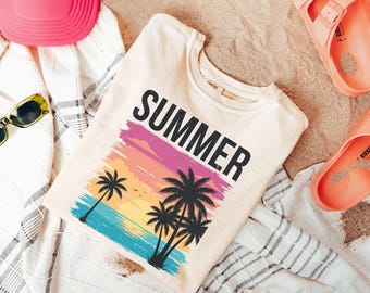 Comfort Colors® Summer Beach Shirt, Sunset Tropical Palm Tree Shirt, Summer Vacation Tee, Ocean Sunset Shirt, Coastal Aesthetic Shirt