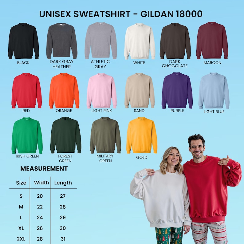 May include: A variety of Gildan 18000 unisex sweatshirts in various colors, including black, red, and gold. The image displays a measurement chart with sizes ranging from S to 2XL, with width measurements from 20 to 28 inches and lengths from 27 to 31 inches.