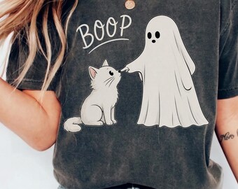 Boo-p Ghost Cat Comfort Colors T-Shirt: Funny Halloween Cat Mom Boxy Tee & Tank