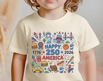 Bella Canvas Toddler Youth Happy 250 T-Shirt, 1776-2026 USA 250th Anniversary Shirt, Kids Doodle Patriotic USA Tee