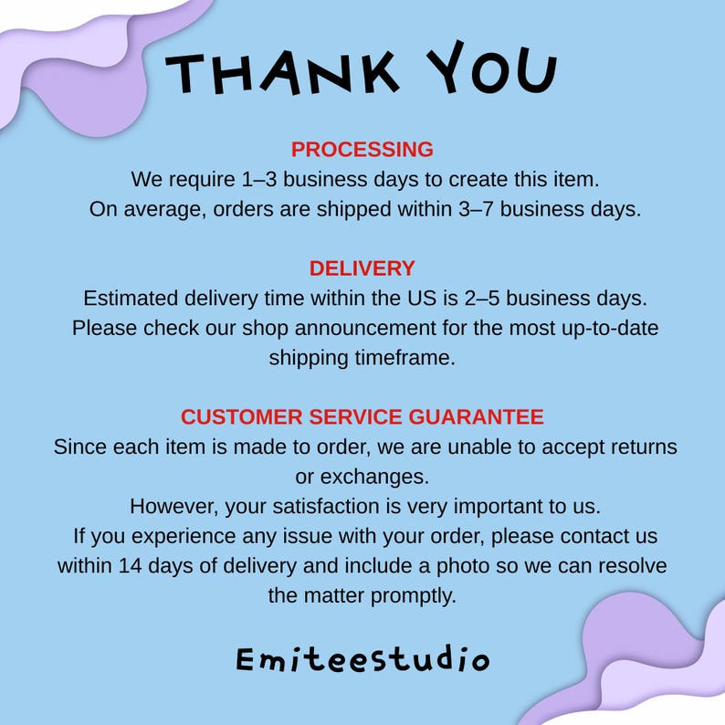 May include: A light blue graphic with the words "THANK YOU" in large black letters. Below, text details processing, delivery, and customer service information. The shop name "Emiteestudio" is at the bottom. Decorative lavender shapes frame the text.