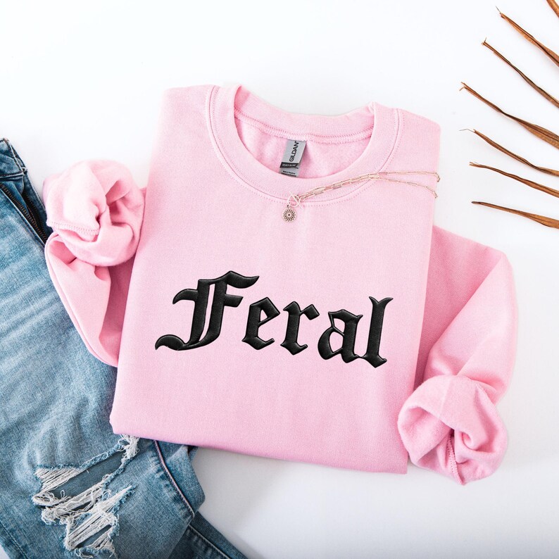 May include: A light pink sweatshirt with the word "Feral" embroidered in black gothic lettering. A gold necklace with a small pendant rests on the sweatshirt. The sweatshirt is paired with blue jeans.