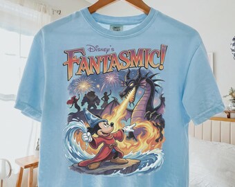 Retro Fantasmic Sorcerer Mickey Fighting Dragon Scene Comfort Colors Boxy Tee, Walt Disney Fantasia Villain Arc Shirt, Disneyland Trip Tank