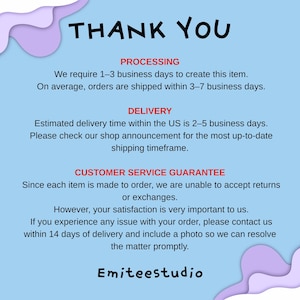 May include: A light blue graphic with the words "THANK YOU" in large black letters. Below, text details processing, delivery, and customer service information. The shop name "Emiteestudio" is at the bottom, with lavender and white decorative shapes.