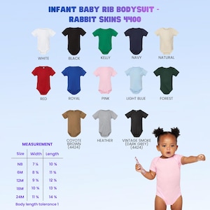 May include: A selection of infant baby rib bodysuits in colours such as white, black, and red. The image includes a size chart with measurements in inches and percentages. The text "INFANT BABY RIB BODYSUIT - RABBIT SKINS 4400" is at the top.