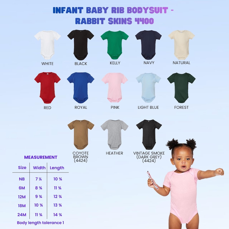 May include: A selection of infant baby rib bodysuits in colours such as white, black, and red. The image includes a size chart with measurements in inches and percentages. The text "INFANT BABY RIB BODYSUIT - RABBIT SKINS 4400" is at the top.