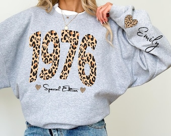Sudadera retro de cumpleaños de 1976, regalo de leopardo para el 50.º cumpleaños de una mujer, regalo de Navidad para mamá, suéter del 40.º cumpleaños, regalo para ella