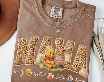Comfort Colors® Faux Patchwork Leopard Mama Bear With Kids Names Shirt / Sweatshirt, Faux Embroidered Mom Shirt, Varsity Mama Tee, Patchwork