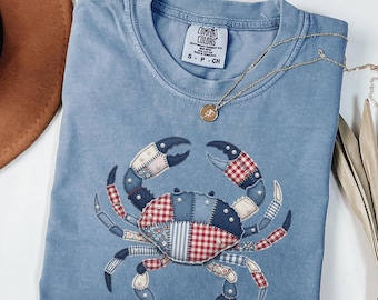 Comfort Colors Faux Patchwork Crab Summer Beach Shirt, Funny Spring Crab Shirt, Beach Vibes Nautical Tee, Summer Vacation Gift
