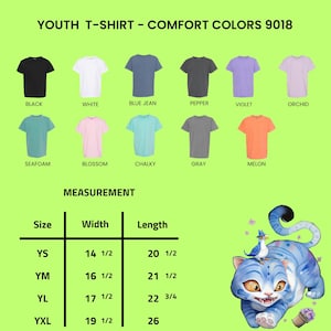 May include: Image of youth t-shirts in various colors, including black, white, blue jean, pepper, violet, orchid, seafoam, blossom, chalky, gray, and melon. Measurements are provided for sizes YS, YM, YL, and YXL, with widths ranging from 14 1/2 to 19 1/2 inches and lengths from 20 1/2 to 26 inches.