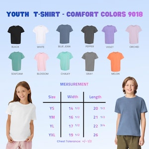 May include: A selection of youth t-shirts in colours such as black, white, and blue jean. A measurement chart shows sizes YS to YXL, with widths from 36.8 to 49.5 cm and lengths from 52.1 to 66 cm. The text reads 'YOUTH T-SHIRT - COMFORT COLORS 9018'.