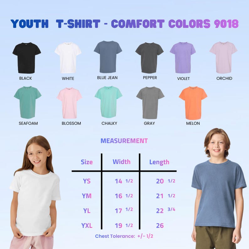 May include: A selection of youth t-shirts in colours such as black, white, and blue jean. A measurement chart shows sizes YS to YXL, with widths from 36.8 to 49.5 cm and lengths from 52.1 to 66 cm. The text reads 'YOUTH T-SHIRT - COMFORT COLORS 9018'.
