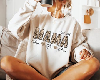Personalized Leopard Mama Sweatshirt: Custom Kids Names, Est. 2026