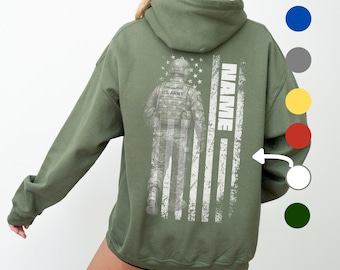 Custom Army Last Name/Text American Flag Hoodie Sweatshirt, Crewneck shirt, Personalized Army Mama Gigi Grandma Custom Gift Hoodie