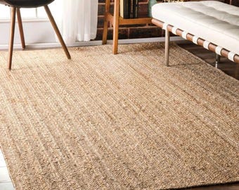 Alfombra de yute hecha a mano, alfombra de yute natural trenzada a mano, estilo rústico para sala de estar, dormitorio y entrada.
