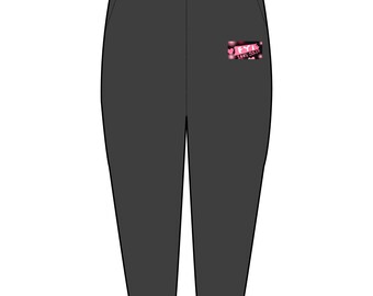 May include: Dark gray sweatpants with a drawstring waist. A small pink graphic with the text "FYI" and "100% SOLID" is on the left leg. The pants have a relaxed fit and are suitable for casual wear.